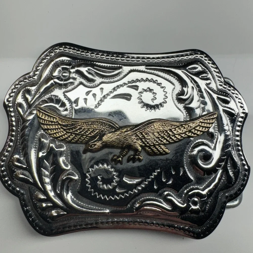 Western Eagle Belt Buckle Silver Tone Gold Tone‎ Ornate Floral Design Cowboy